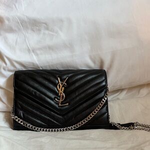 YSL Black Quilted Leather Bag with Silver Chain